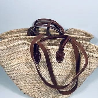 Moroccan Handmade Basket With Double Leather Handle French Style