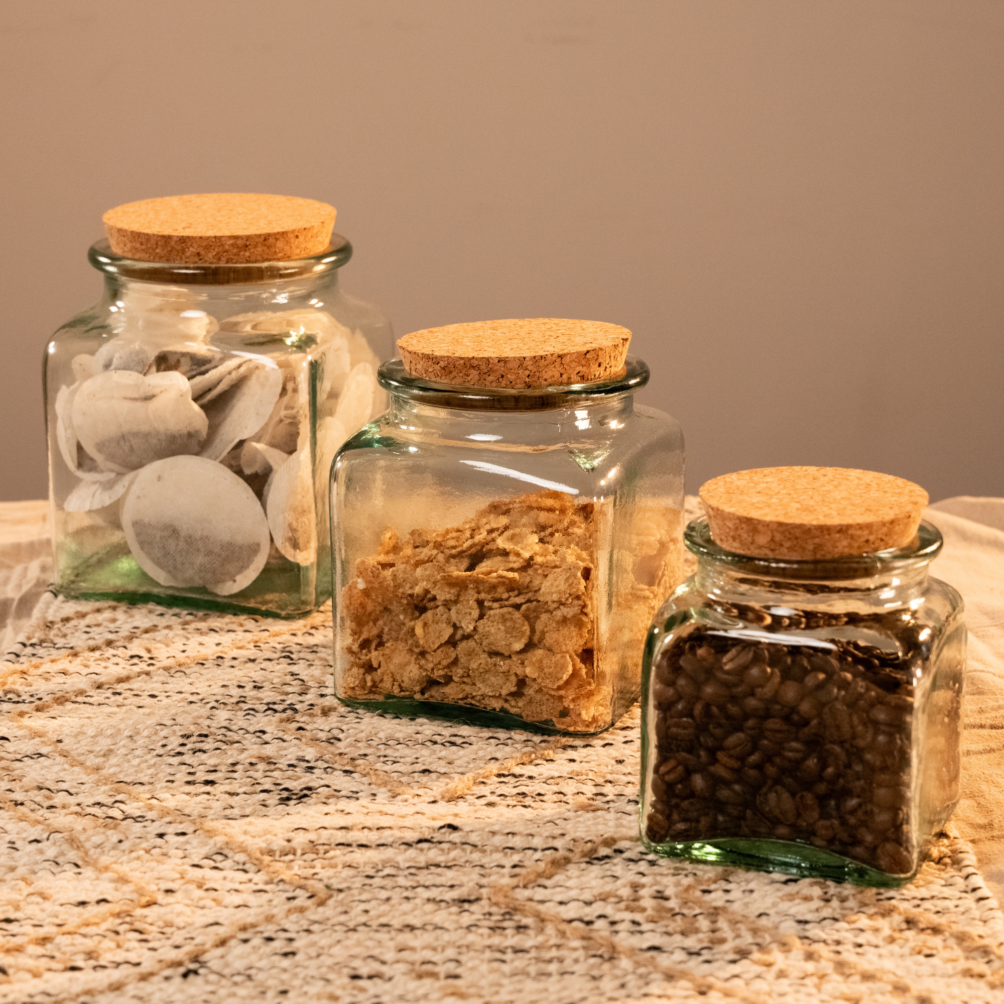 Recycled Glass Square Storage Jars with a Cork Lid