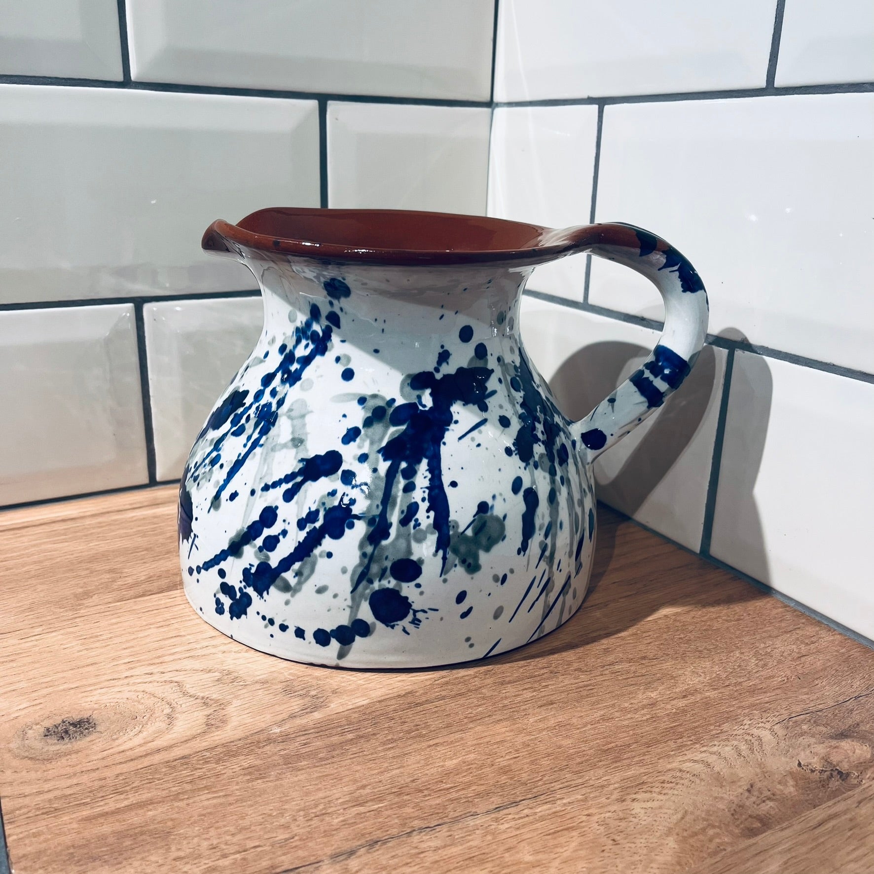 Spanish Hand Painted Jaspe Ceramic Pitcher Jug