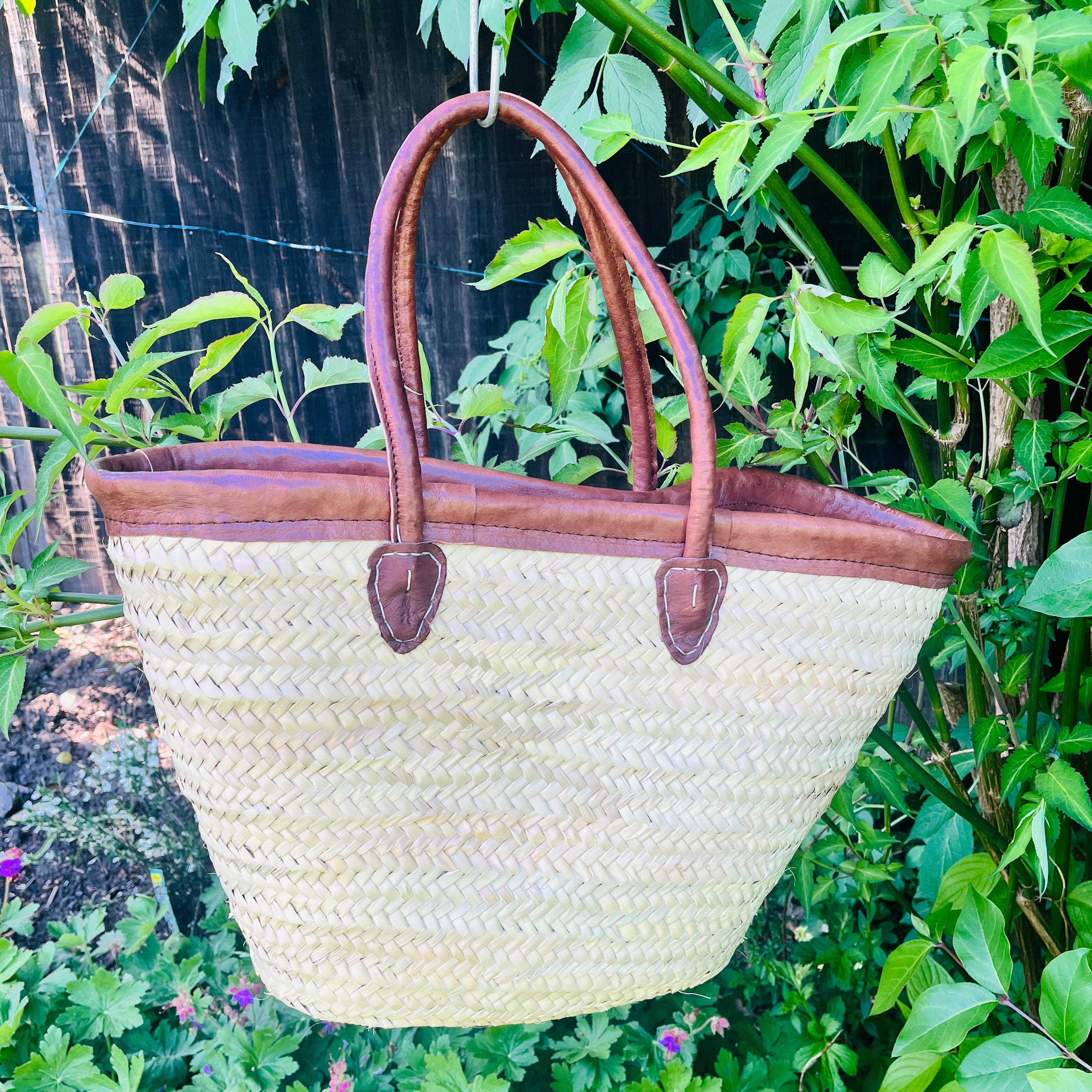 Moroccan Basket Handmade Long Leather Handle with Leather Trim Top