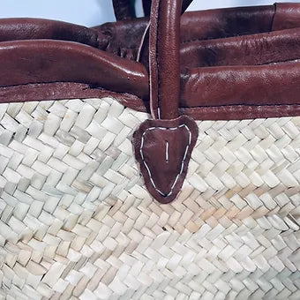 Moroccan Basket Handmade Long Leather Handle with Leather Trim Top