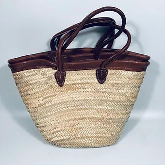 Moroccan Basket Handmade Long Leather Handle with Leather Trim Top