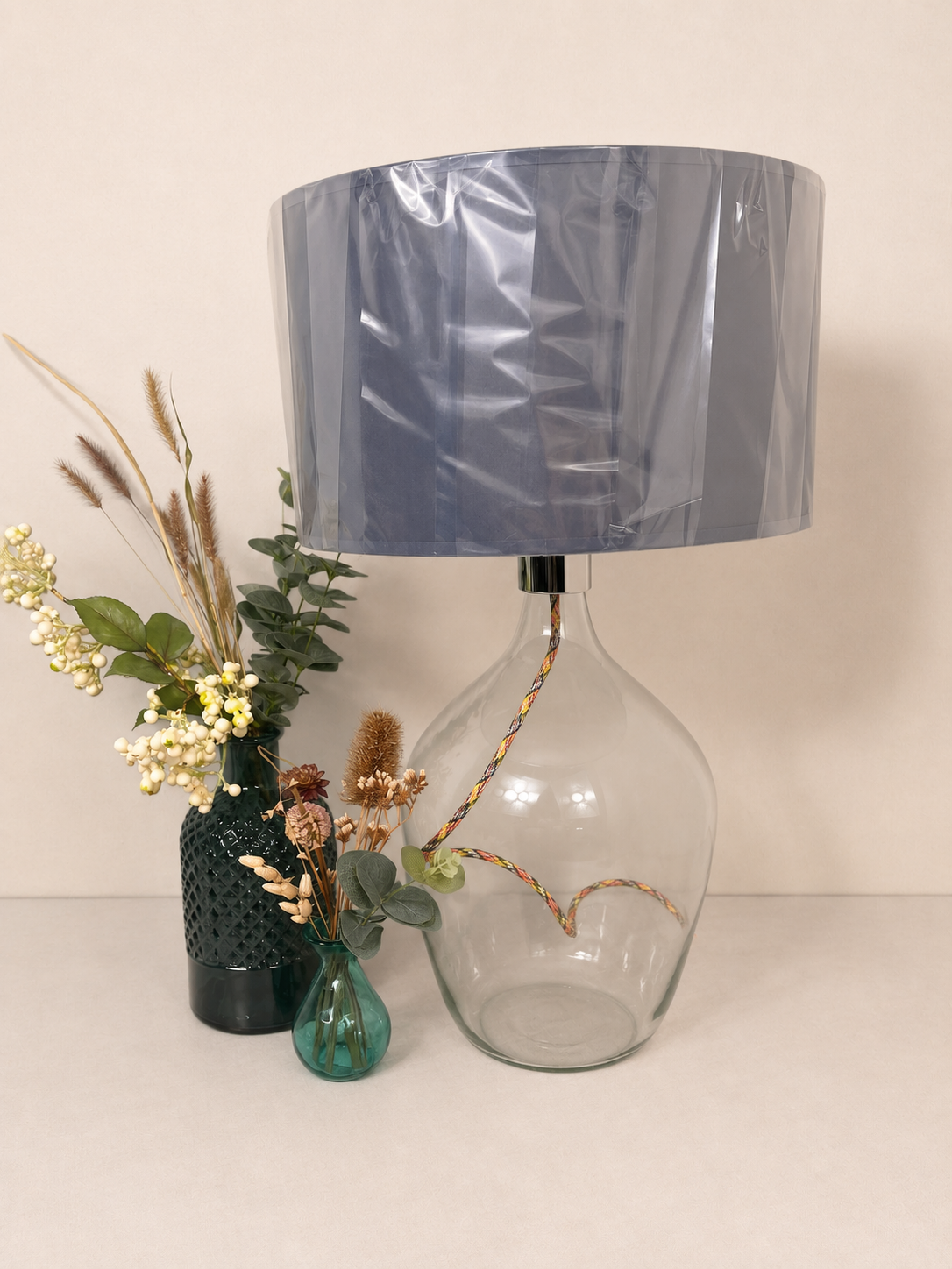Chrome Top Blown Recycled Glass Lamp 44cm