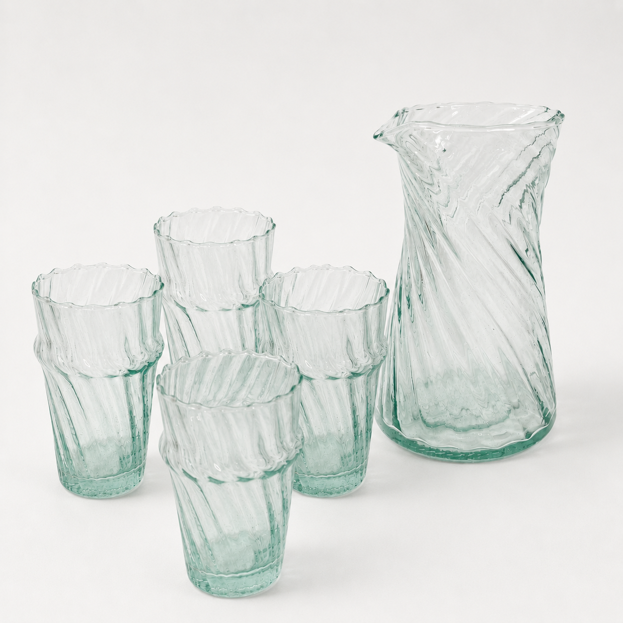 Moroccan Handmade Recycled Glass Twist Carafe and Tumbler Bundle Set