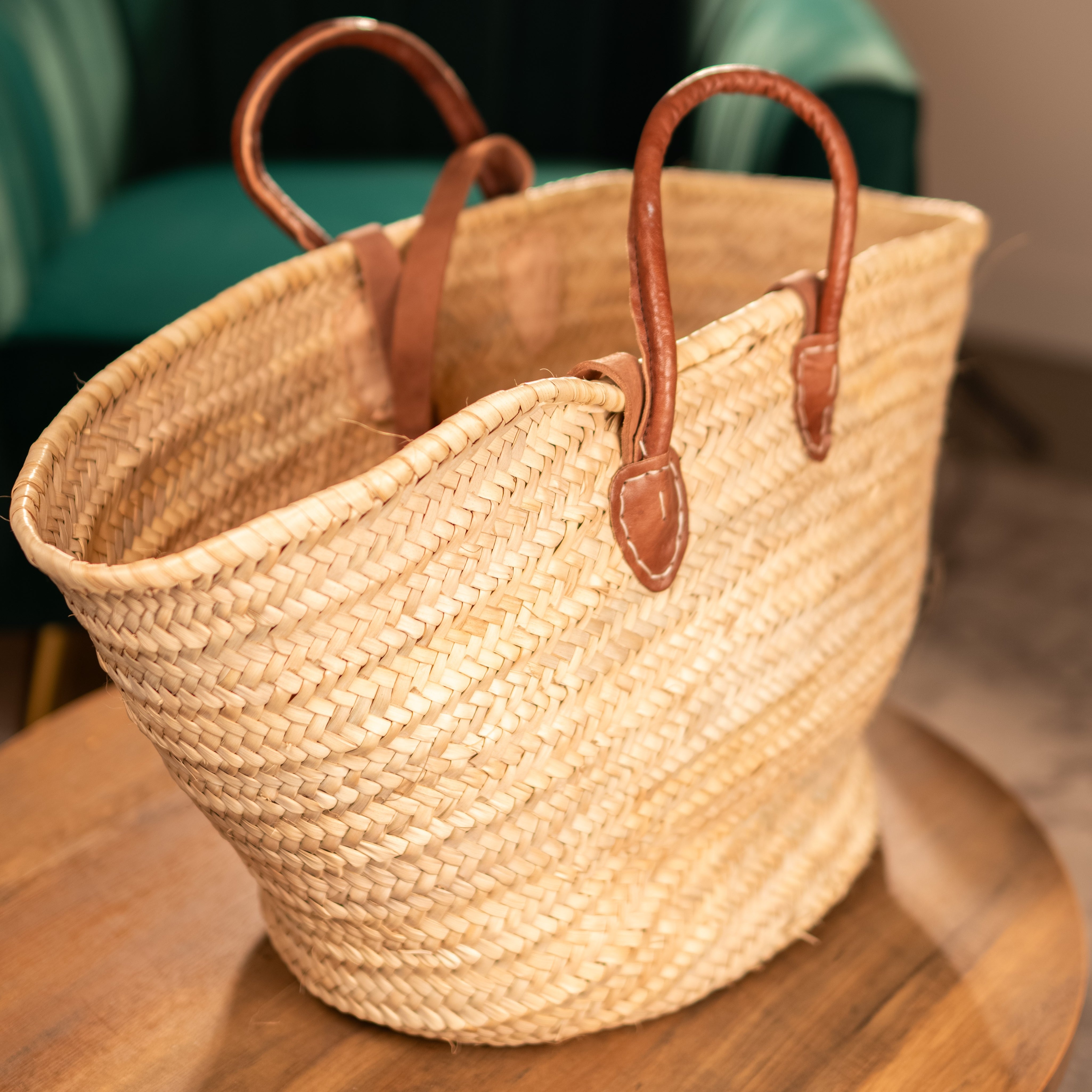 Moroccan Handmade Basket With Double Leather Handle French Style