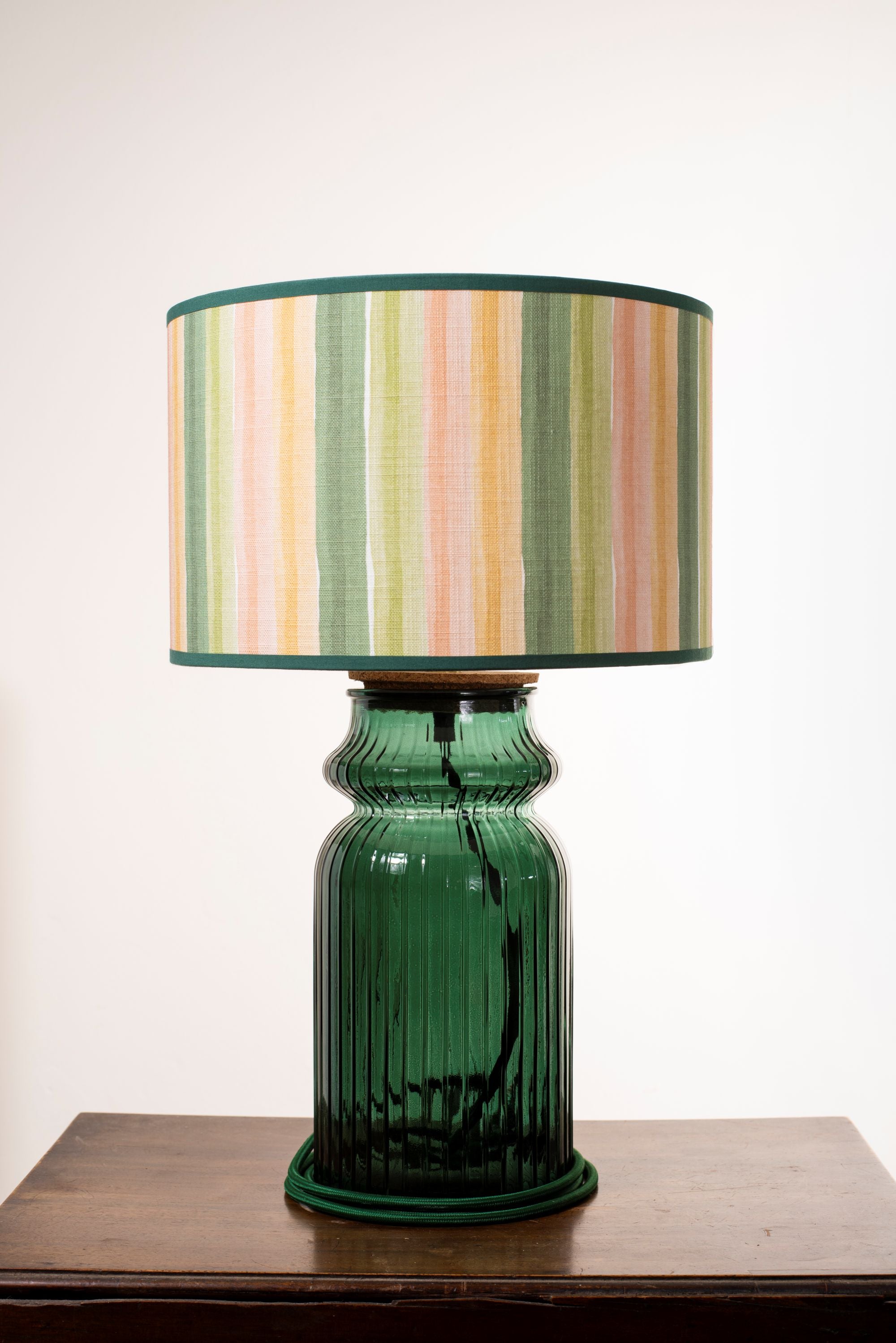 Green Stripe Linen Drum Shade