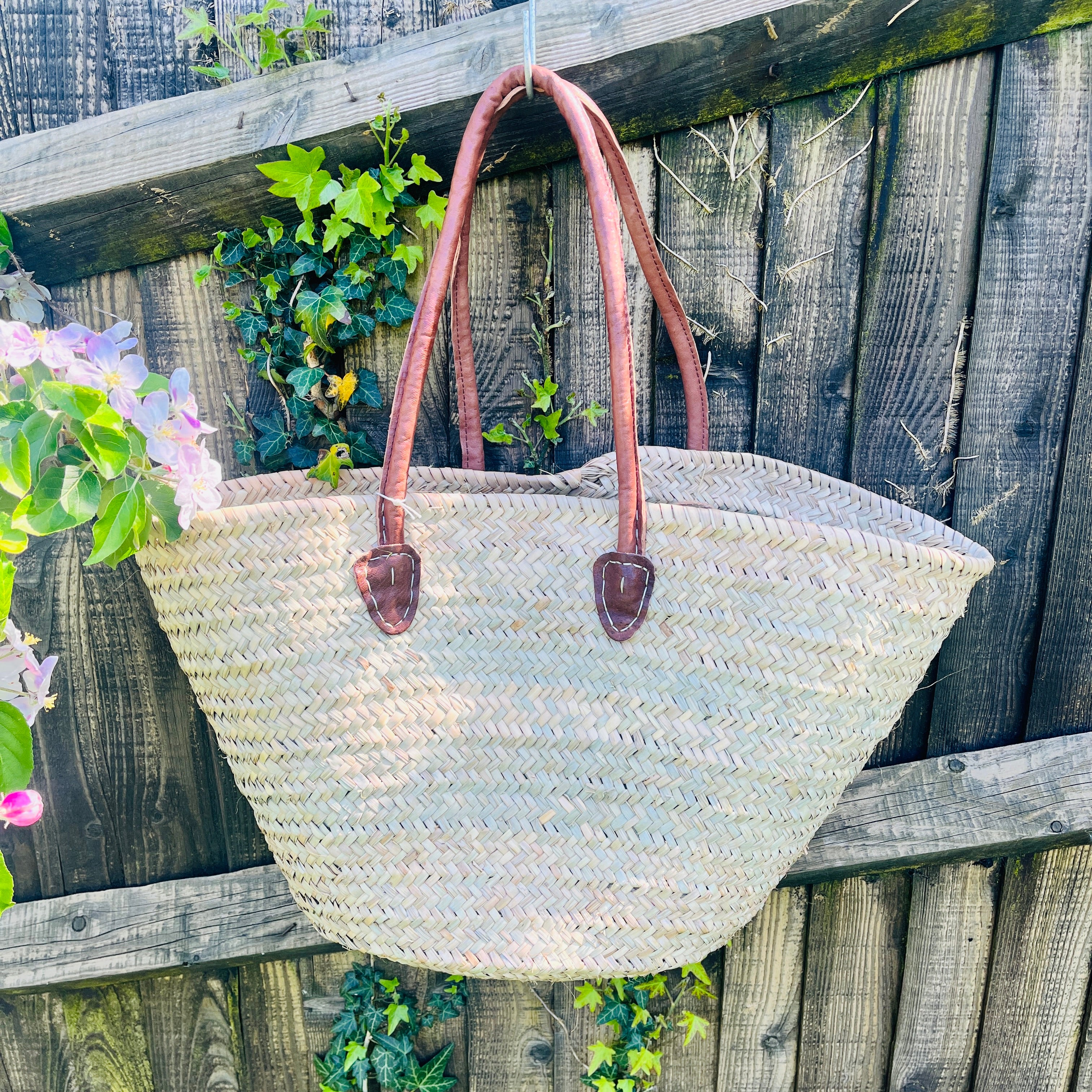 French shopper Moroccan Handmade Basket-Beach Bag-Leather Handled Basket