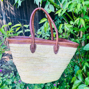 Moroccan Basket Handmade Long Leather Handle with Leather Trim Top
