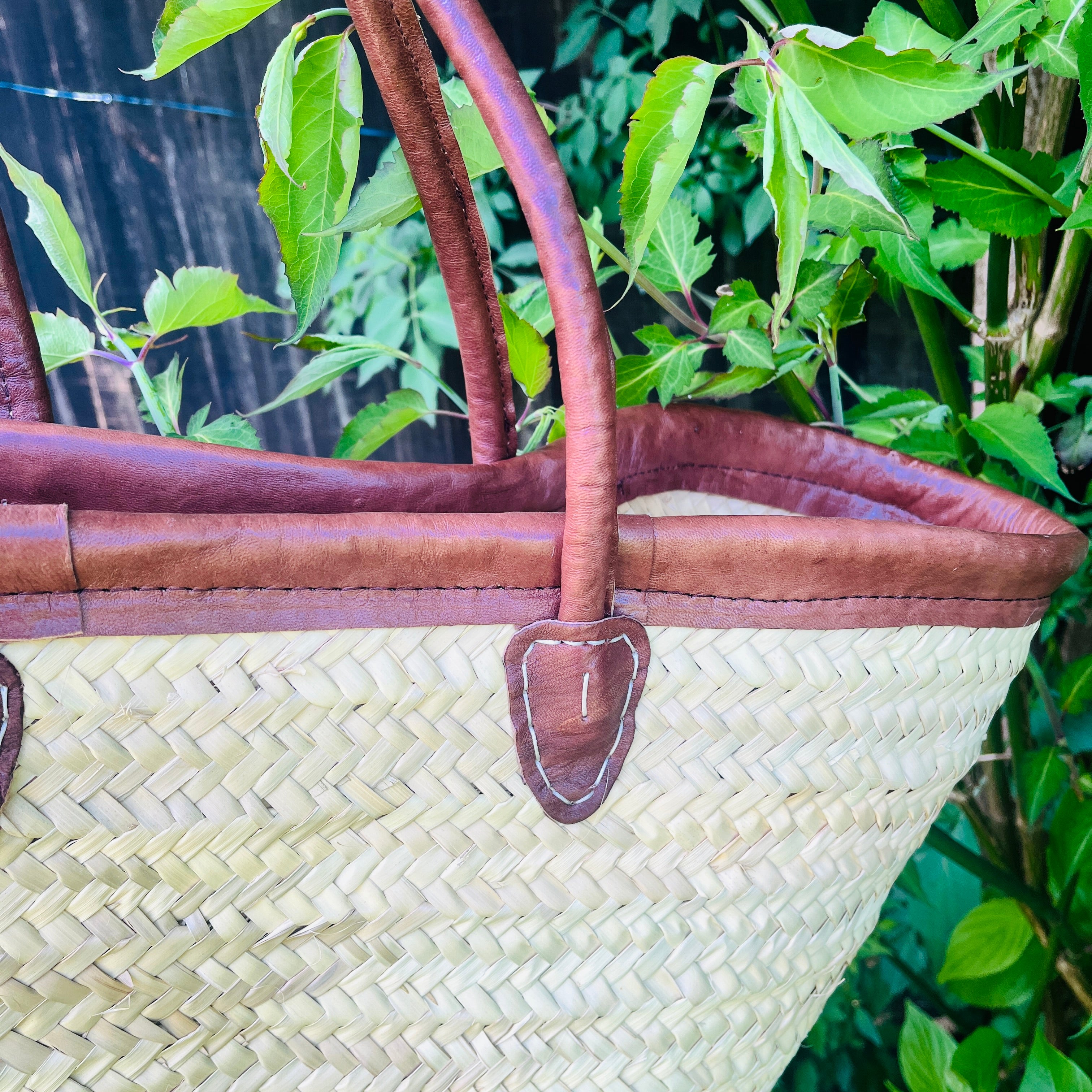 Moroccan Basket Handmade Long Leather Handle with Leather Trim Top