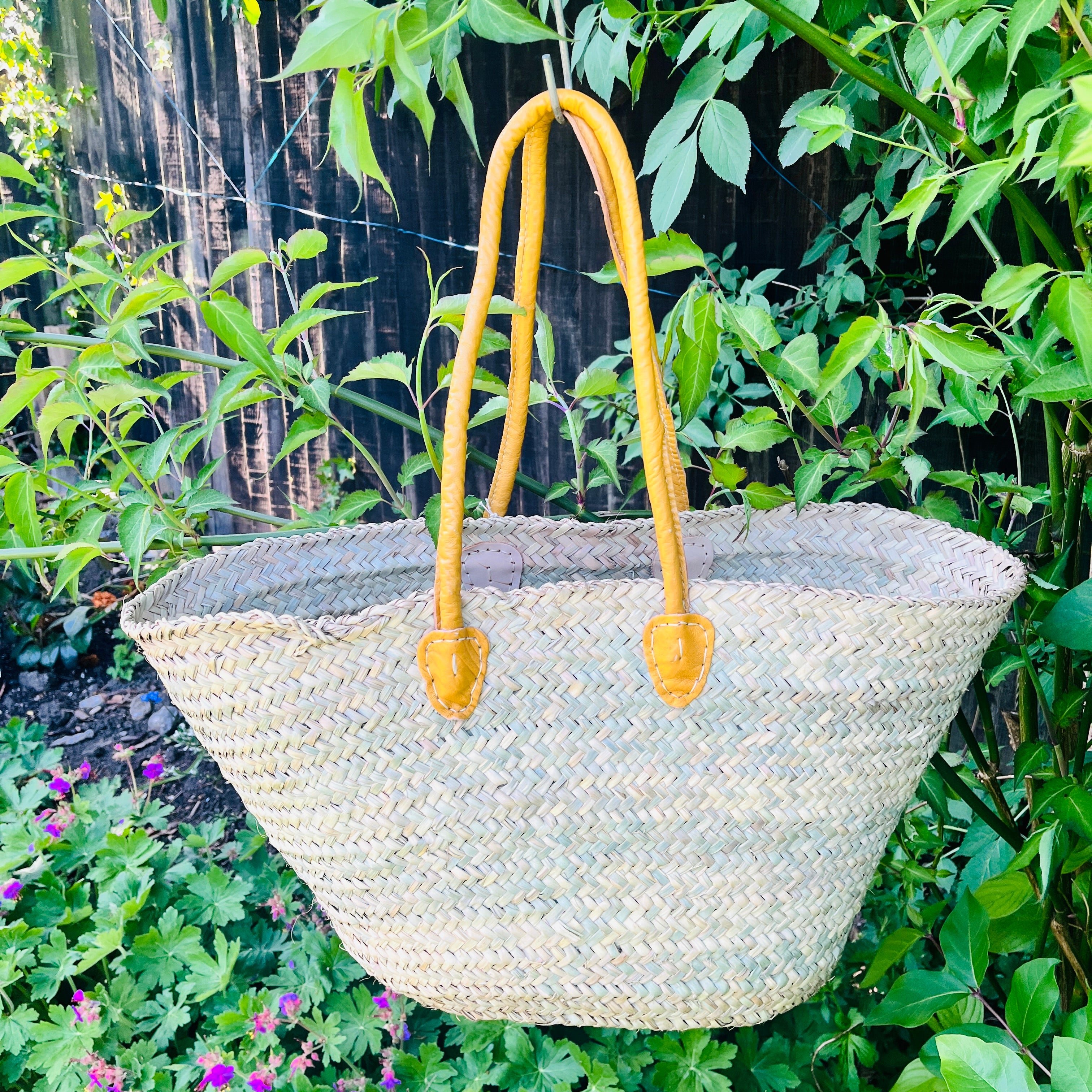 French shopper Moroccan Handmade Basket-Beach Bag-Leather Handled Basket