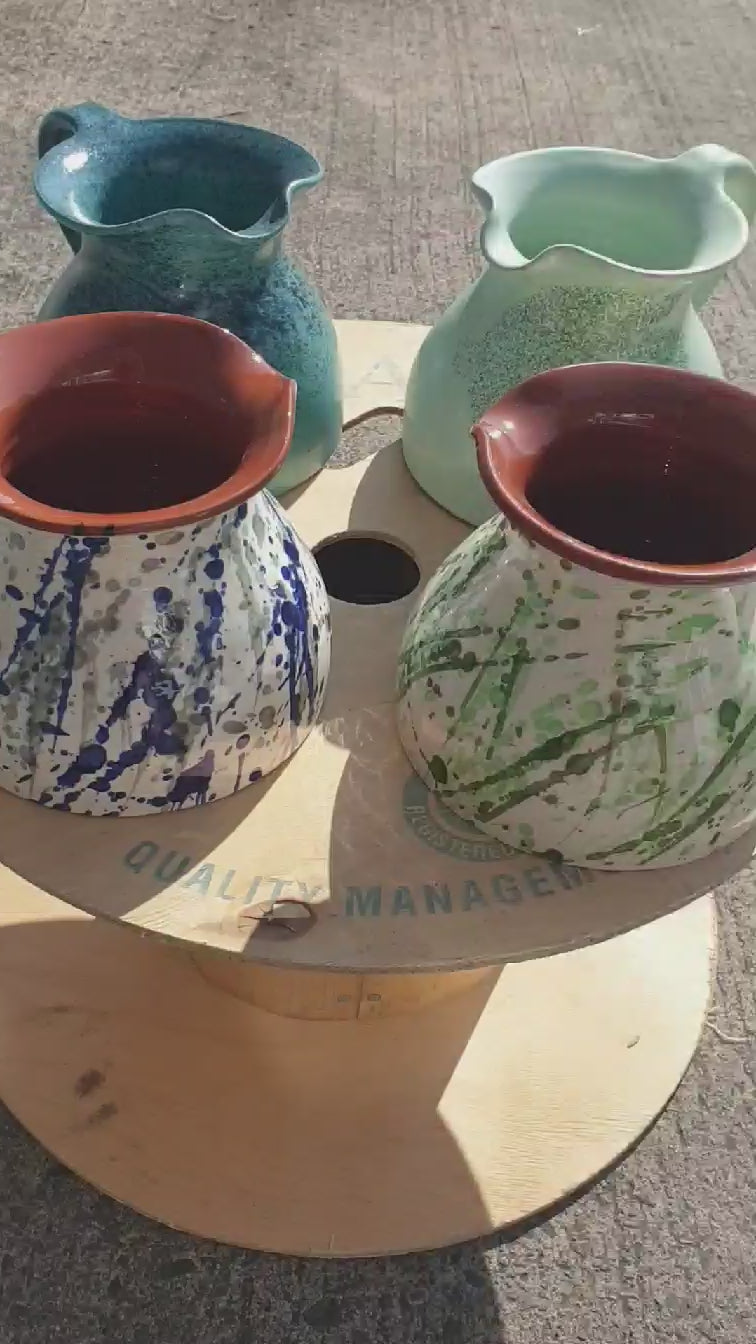 Spanish Hand Painted Jaspe Ceramic Pitcher Jug